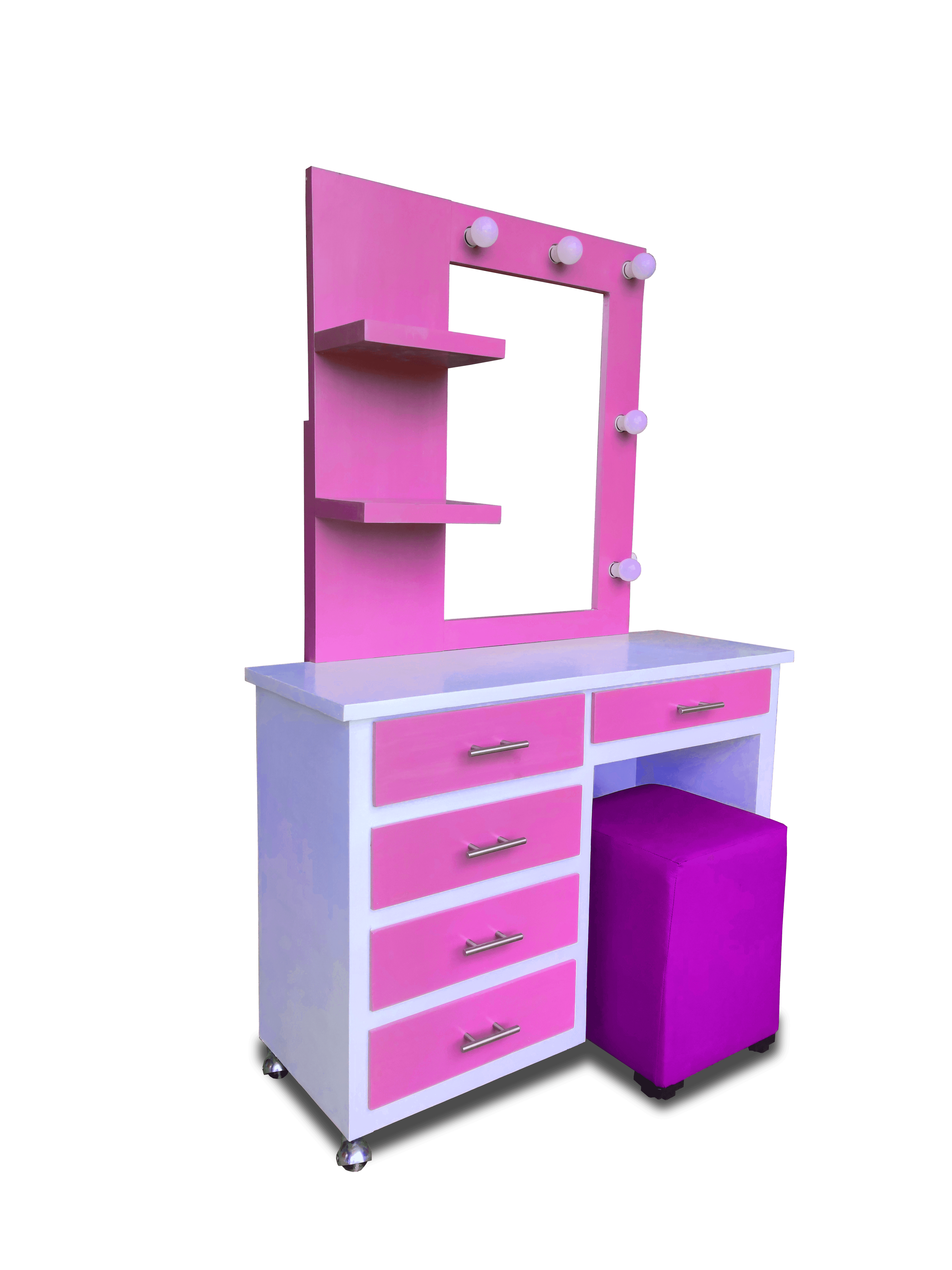 TOCADOR VANITY 5 CAJONES CON CRISTAL BLANCO/ROSA