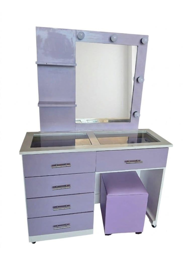 TOCADOR VANITY 5 CAJONES CON CRISTAL BLANCO/LILA